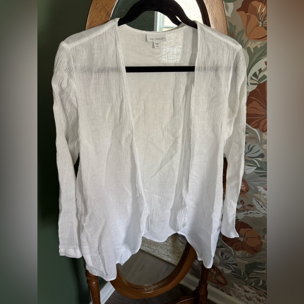 Pure Jill Open Front Flowy White Linen Lightweight Semi Sheer Cardigan